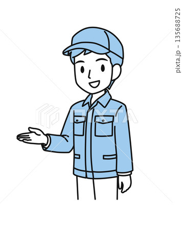 案内をする帽子を被った作業服の男性のイラスト素材 135688725
