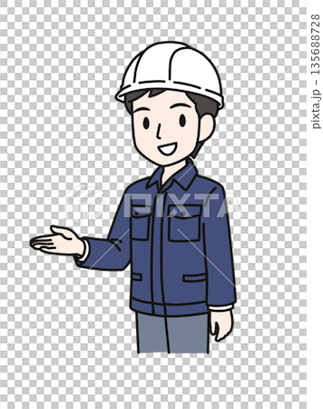 Illustration material of a man in work clothes wearing a helmet giving guidance Illustration material of a man in work clothes wearing a helmet giving guidance 135688728
