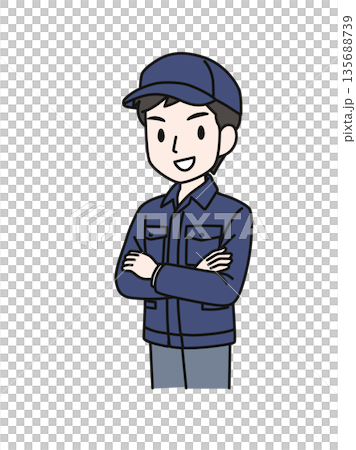 插畫素材:一位身穿工作服、雙臂交叉、頭戴自信帽子的男士。 插畫素材:一位身穿工作服、雙臂交叉、頭戴自信帽子的男士。 135688739