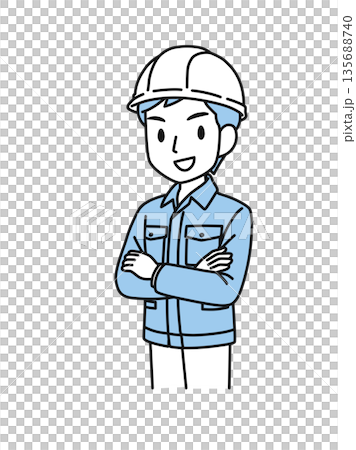 插畫素材：一位身穿工作服、頭戴安全帽、雙臂交叉、自信滿滿的男士。 135688740