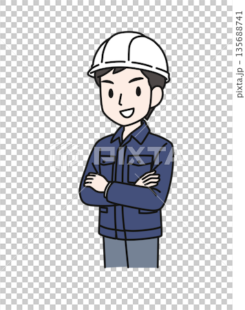 插畫素材:一位身穿工作服、頭戴安全帽、雙臂交叉、自信滿滿的男士。 插畫素材:一位身穿工作服、頭戴安全帽、雙臂交叉、自信滿滿的男士。 135688741