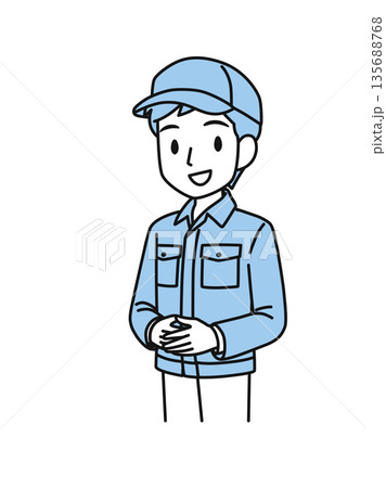 両手を前で組んでかしこまる帽子を被った作業服の男性のイラスト素材 135688768