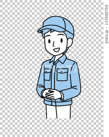 両手を前で組んでかしこまる帽子を被った作業服の男性のイラスト素材 135688768