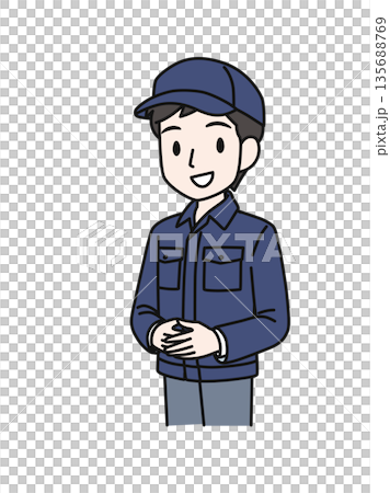 両手を前で組んでかしこまる帽子を被った作業服の男性のイラスト素材 135688769