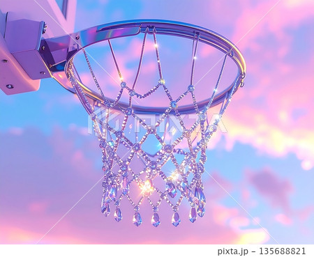 A realistic 3D illustration of a basketball hoop silhouetted against a colorful sunset sky A realistic 3D illustration of a basketball hoop silhouetted against a colorful sunset sky 135688821