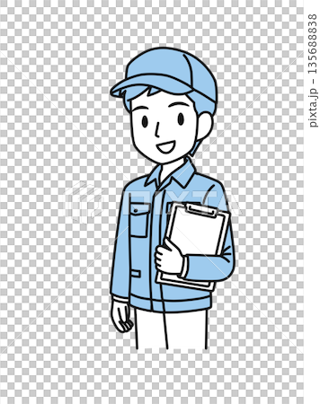 插畫素材：一名身穿工作服、頭戴帽子的男子，手捧活頁夾中的文件。 135688838