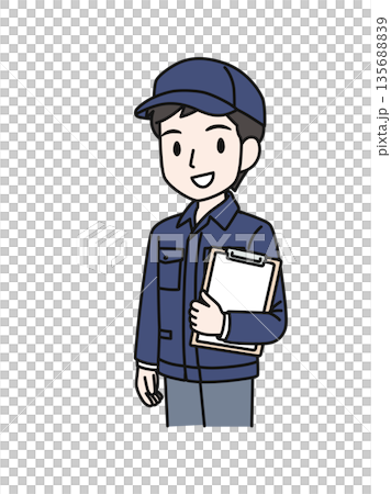 插畫素材：一名身穿工作服、頭戴帽子的男子，手捧活頁夾中的文件。 135688839