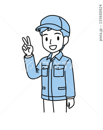 ピースサインをする帽子を被った作業服の男性のイラスト素材 135688924