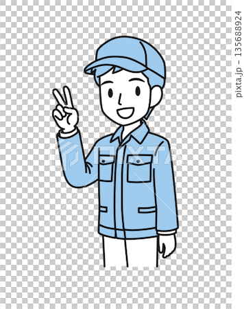 ピースサインをする帽子を被った作業服の男性のイラスト素材 135688924