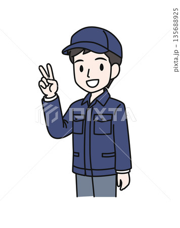 ピースサインをする帽子を被った作業服の男性のイラスト素材 ピースサインをする帽子を被った作業服の男性のイラスト素材 135688925