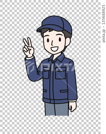 ピースサインをする帽子を被った作業服の男性のイラスト素材 ピースサインをする帽子を被った作業服の男性のイラスト素材 135688925