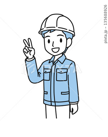 ピースサインをするヘルメットを被った作業服の男性のイラスト素材 ピースサインをするヘルメットを被った作業服の男性のイラスト素材 135688926