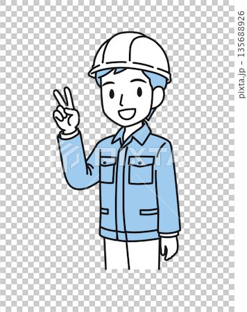 ピースサインをするヘルメットを被った作業服の男性のイラスト素材 ピースサインをするヘルメットを被った作業服の男性のイラスト素材 135688926