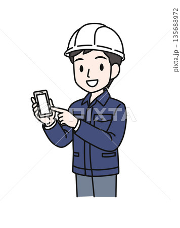 スマホを指差すヘルメットを被った作業服の男性のイラスト素材 スマホを指差すヘルメットを被った作業服の男性のイラスト素材 135688972