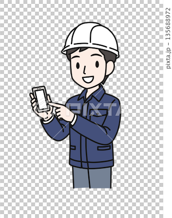 插畫素材:一名身穿工作服、頭戴安全帽的男子正指著一部智慧型手機 插畫素材:一名身穿工作服、頭戴安全帽的男子正指著一部智慧型手機 135688972