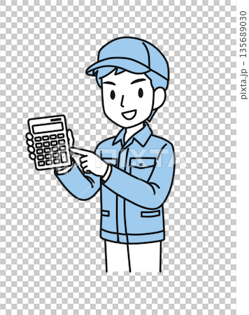 插畫素材：一名戴著帽子、身穿工作服的男子指著計算機並報出價格。 135689030