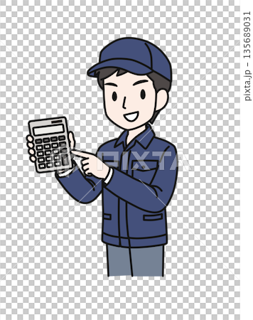 插畫素材：一名戴著帽子、身穿工作服的男子指著計算機並報出價格。 135689031
