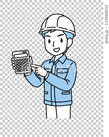 圖解素材：一名身穿工作服、頭戴安全帽的男子指著計算器，提出報價。 135689032