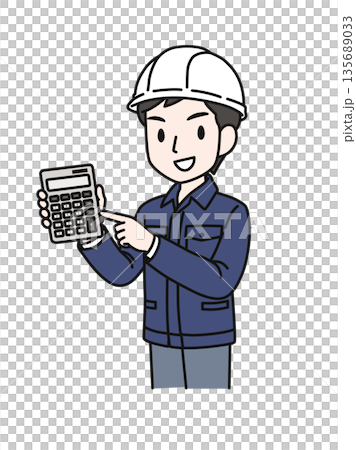 Illustration material of a man in work clothes wearing a helmet pointing at a calculator and proposing a price Illustration material of a man in work clothes wearing a helmet pointing at a calculator and proposing a price 135689033