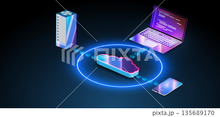 Cloud computing setup with server, laptop, and mobile device connected by data flow 135689170