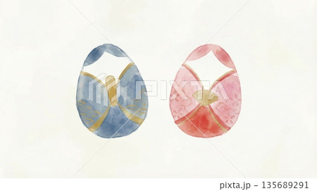 水彩風のテクスチャで描かれた卵のような形をした抽象的でモダンなひな人形イラスト 135689291
