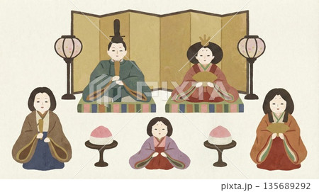 手書き風の優しいタッチで描かれたひな人形と飾りのバリエーションイラストセット 135689292