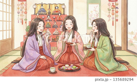 ひな祭りの日に平安時代の衣装を着てお茶とお菓子を楽しんでいる三人の少女のイラスト ひな祭りの日に平安時代の衣装を着てお茶とお菓子を楽しんでいる三人の少女のイラスト 135689294