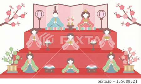 桃の花が飾られた段飾りの上に並んでいるパステルカラーの可愛いひな人形のイラスト 135689321