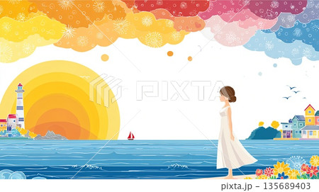 夕焼けの海を見つめる女性 135689403