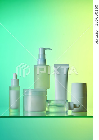 Skincare cosmetic products arranging on glass shelf Skincare cosmetic products arranging on glass shelf 135690160