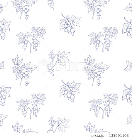 Outline Currant Seamless Pattern. Summer Berry Branches with Leaves on White Background. Line Art hand-drawn Vector illustration Not AI 135691108