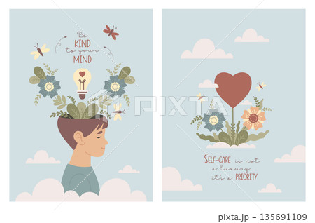 Mental Health Boy Support. Cards Template Self Care. Kid Head with Lightbulb, Blooming Flowers and Heart with Inspirational Quotes. Concept Harmony and Wellness. Vector vertical Illustration Not AI Mental Health Boy Support. Cards Template Self Care. Kid Head with Lightbulb, Blooming Flowers and Heart with Inspirational Quotes. Concept Harmony and Wellness. Vector vertical Illustration Not AI 135691109