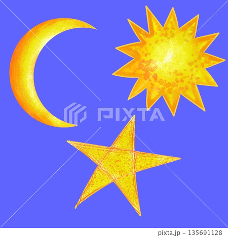 Illustration of sun moon and star on purple background. Minimalism with texture.  135691128