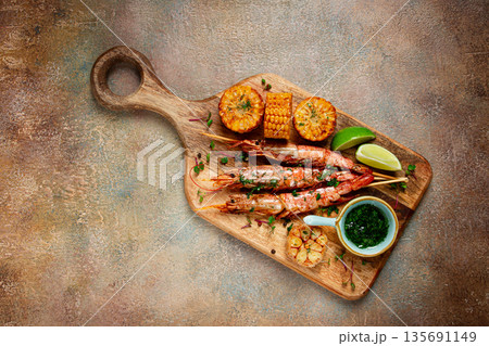 langoustines on skewers, shrimp kebab, with fried corn, spices and herbs, homemade, no people, langoustines on skewers, shrimp kebab, with fried corn, spices and herbs, homemade, no people, 135691149