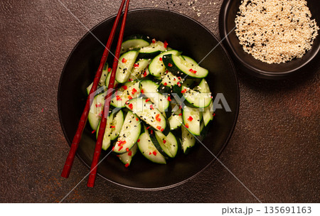 Chinese salad, cucumbers with chili pepper and sesame seeds, homemade, no people, Chinese salad, cucumbers with chili pepper and sesame seeds, homemade, no people, 135691163