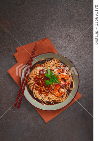 soba, buckwheat noodles, with shimeji mushrooms and tiger shrimps, homemade, no people, 135691170