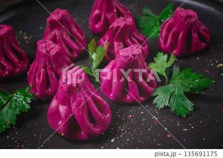 beetroot khinkali, mini khinkali, purple, Georgian cuisine, no people, 135691175