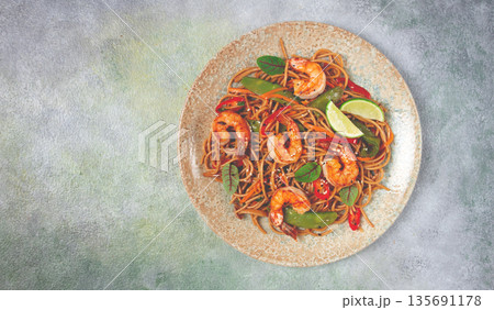 fried udon noodles with shrimp and vegetables, Asian cuisine, homemade, no people, fried udon noodles with shrimp and vegetables, Asian cuisine, homemade, no people, 135691178