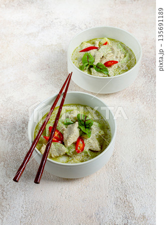 green curry with chicken, traditional Thai cuisine, Asian food, homemade, no people, 135691189