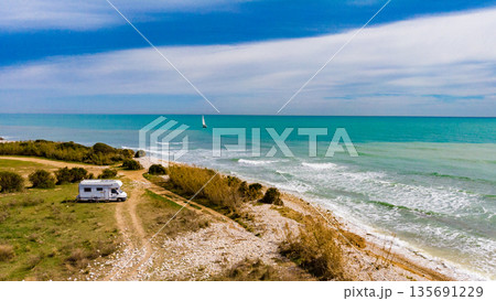 Caravan camping on coast. Aerial view Caravan camping on coast. Aerial view 135691229