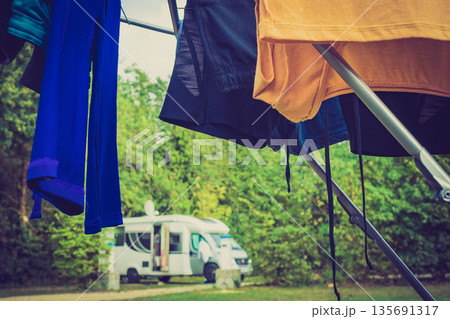 Clothes hanging to dry outdoor at caravan Clothes hanging to dry outdoor at caravan 135691317