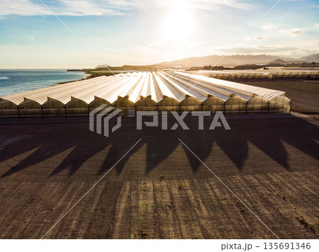 Aerial view. Commercial greenhouses on coast, Spain. Aerial view. Commercial greenhouses on coast, Spain. 135691346