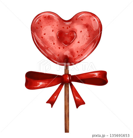 Red heart-shaped lollipop. Illustration for Valentine's Day. Red heart-shaped lollipop. Illustration for Valentine's Day. 135691653