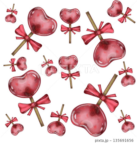 Red heart-shaped lollipops. Valentine's Day pattern.  135691656