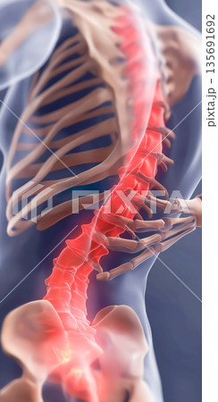 ぎっくり腰・腰痛の原因部位イメージ｜脊椎と神経のビジュアル表現 135691692