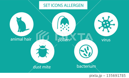 Set icons allergen. Allergen - animal, dust mite, pollen, virus, bacterium. allergens in colored circles on dark and white background. Set icons allergen. Allergen - animal, dust mite, pollen, virus, bacterium. allergens in colored circles on dark and white background. 135691785