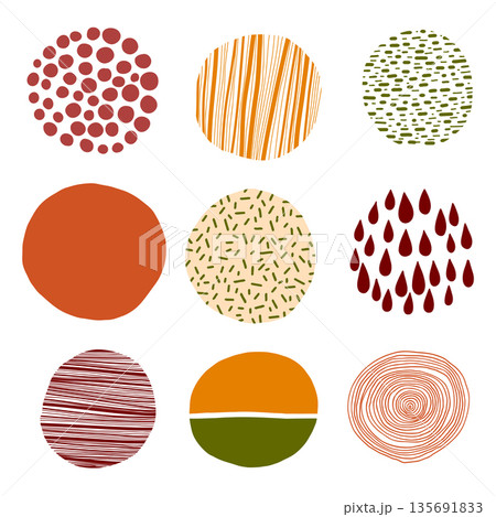 Abstract organic circle shapes with hand drawn textures in warm earthy colors, minimal modern background elements 135691833