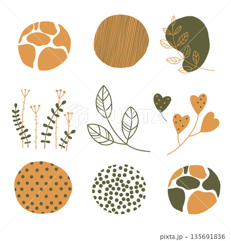 Abstract botanical elements set with hand drawn leaves, flowers and organic shapes in warm natural colors Abstract botanical elements set with hand drawn leaves, flowers and organic shapes in warm natural colors 135691836