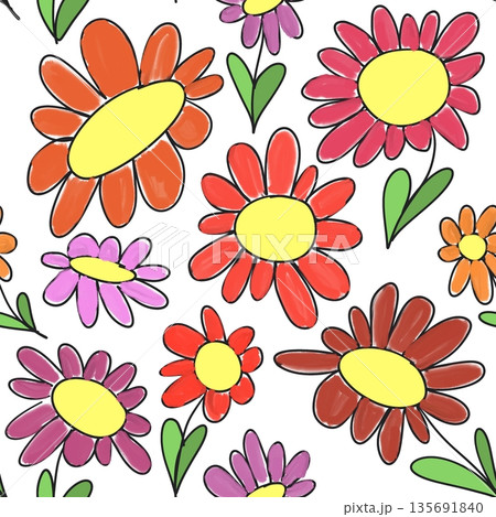 Seamless children's pattern of bright flowers on a white background  135691840