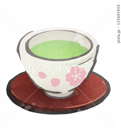 お茶　湯呑に入った日本茶のイラスト15 135691919